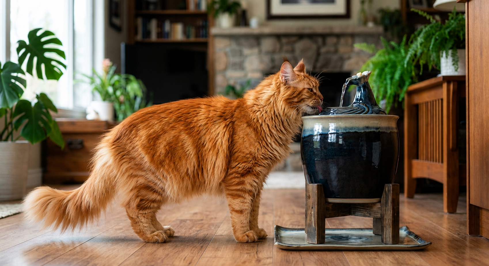 Un maine coon boit à sa fontaine Un maine coon boit à sa fontaine