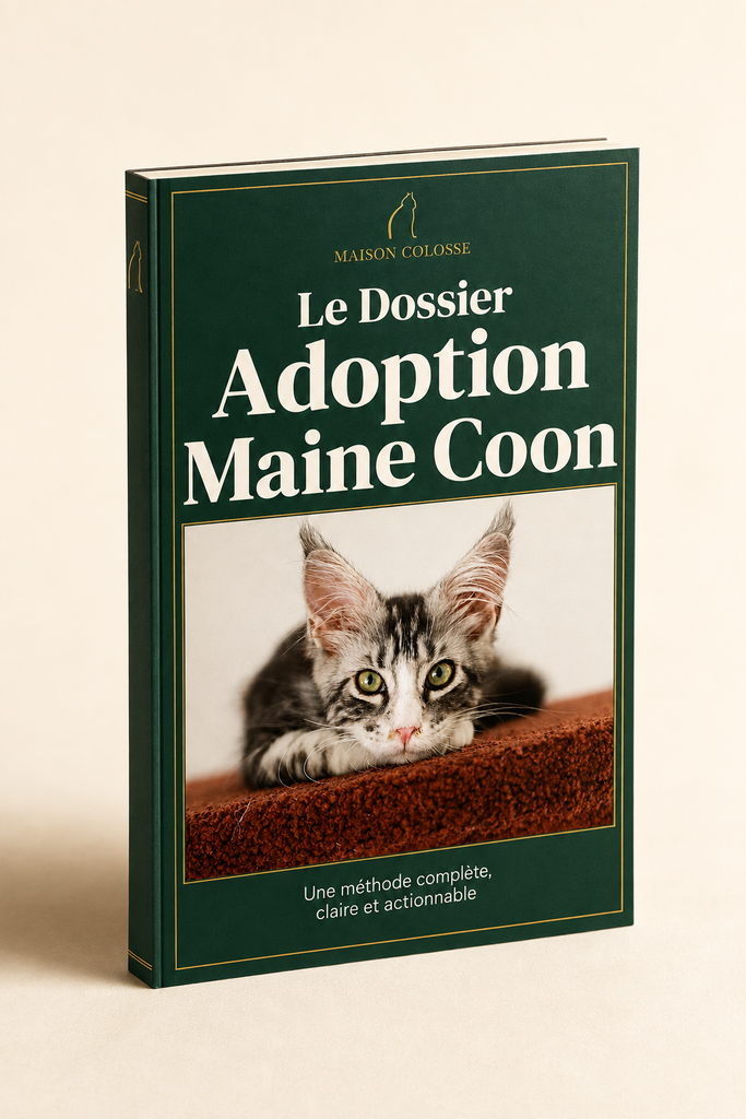 Couverture du Dossier Adoption Maine Coon et deux pages intérieures : la grille d'évaluation sur 100 points et les checklists