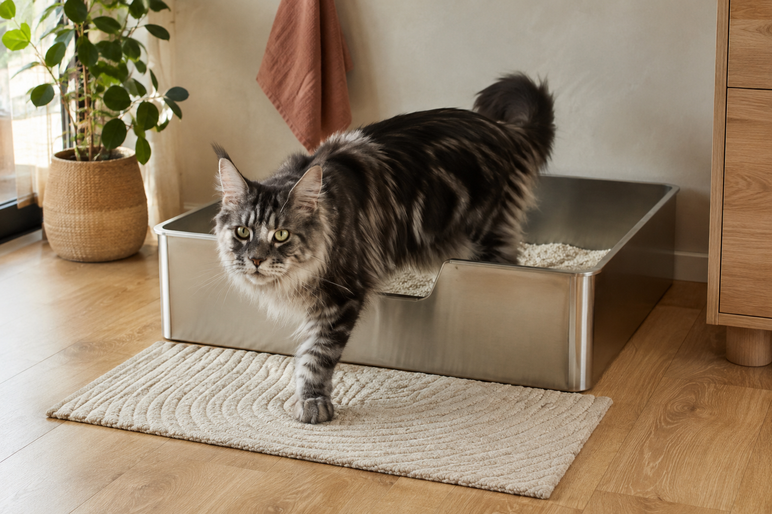 Une grand maine coon sort de sa litière