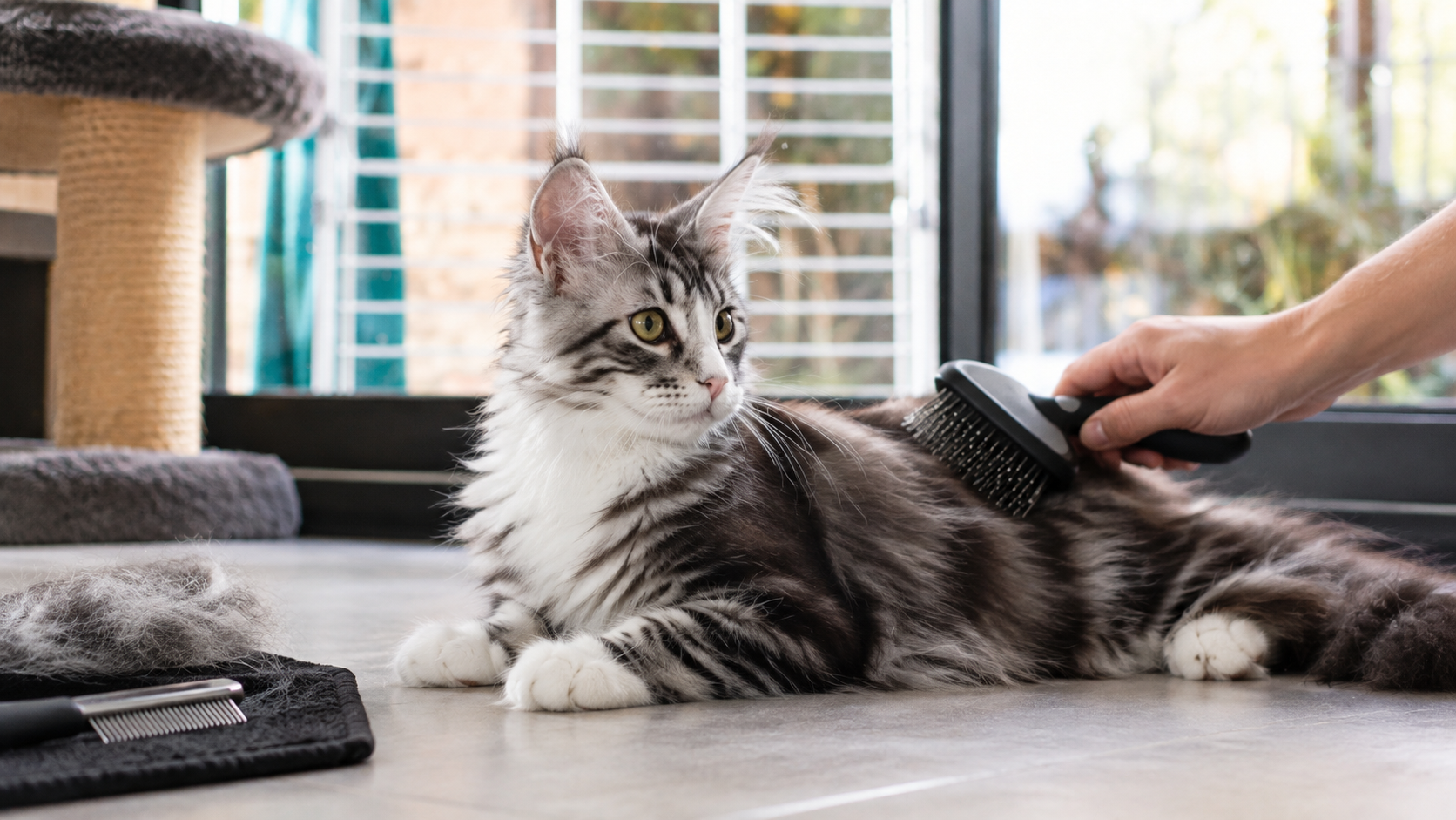 Un maine coon se fait brosser le poil