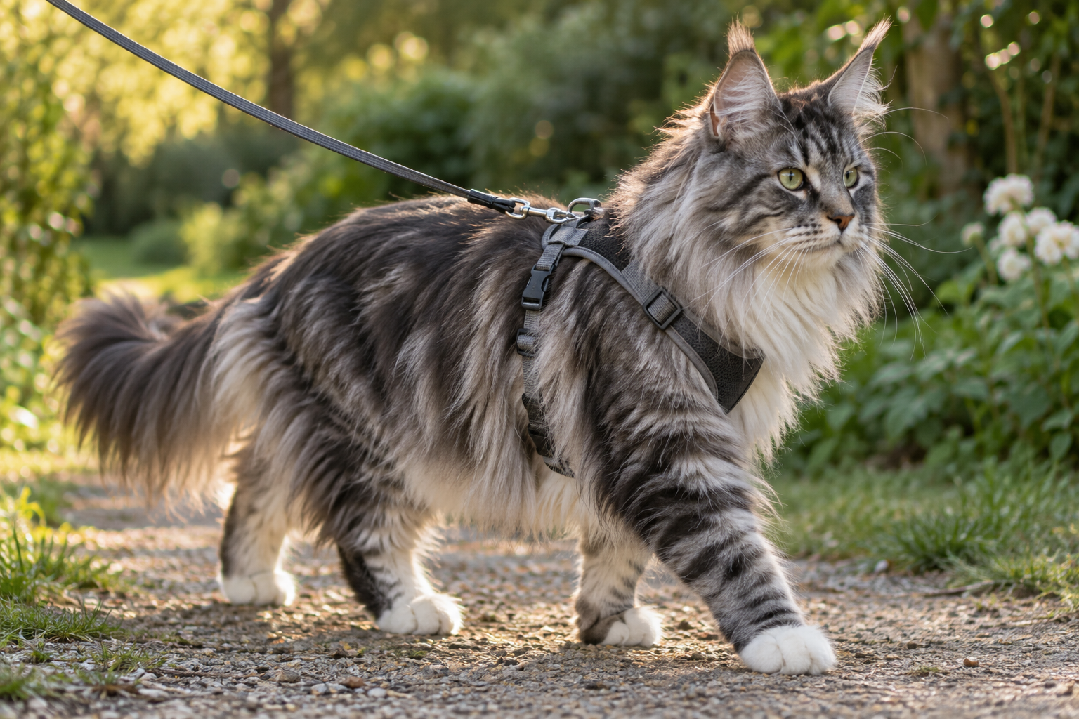 Maine Coon adulte portant un harnais lors d’une promenade en extérieur