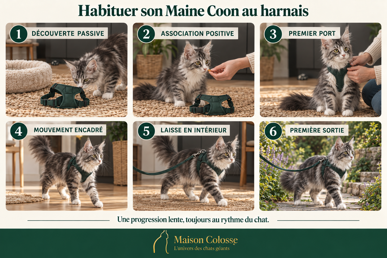 Les 6 étapes pour habituer progressivement un Maine Coon au port du harnais