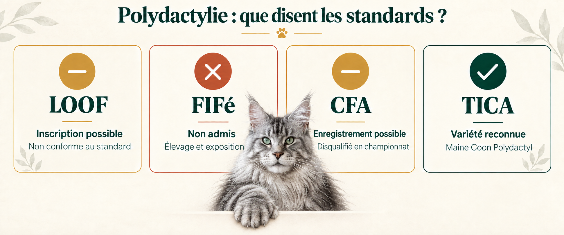 Comparaison des standards LOOF, FIFé, CFA et TICA concernant le Maine Coon polydactyle