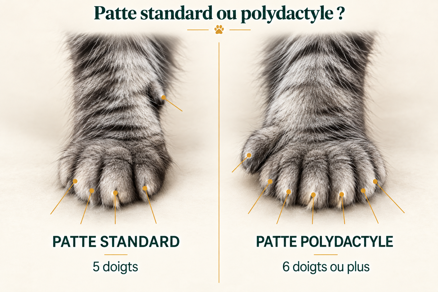 Comparaison entre une patte standard à cinq doigts et une patte polydactyle de Maine Coon à six doigts ou plus