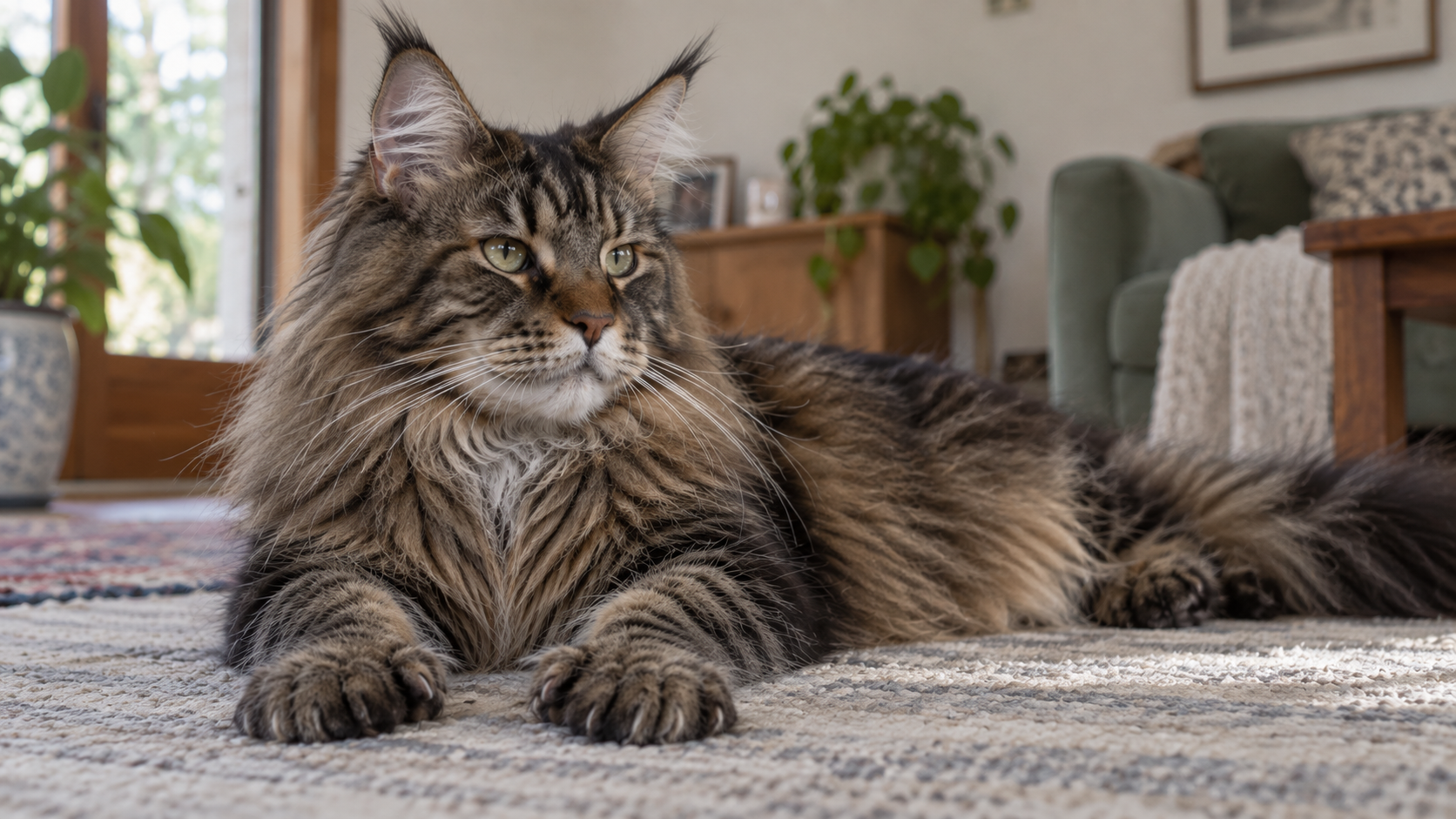 Maine Coon polydactyle allongé, avec ses pattes avant aux doigts supplémentaires visibles