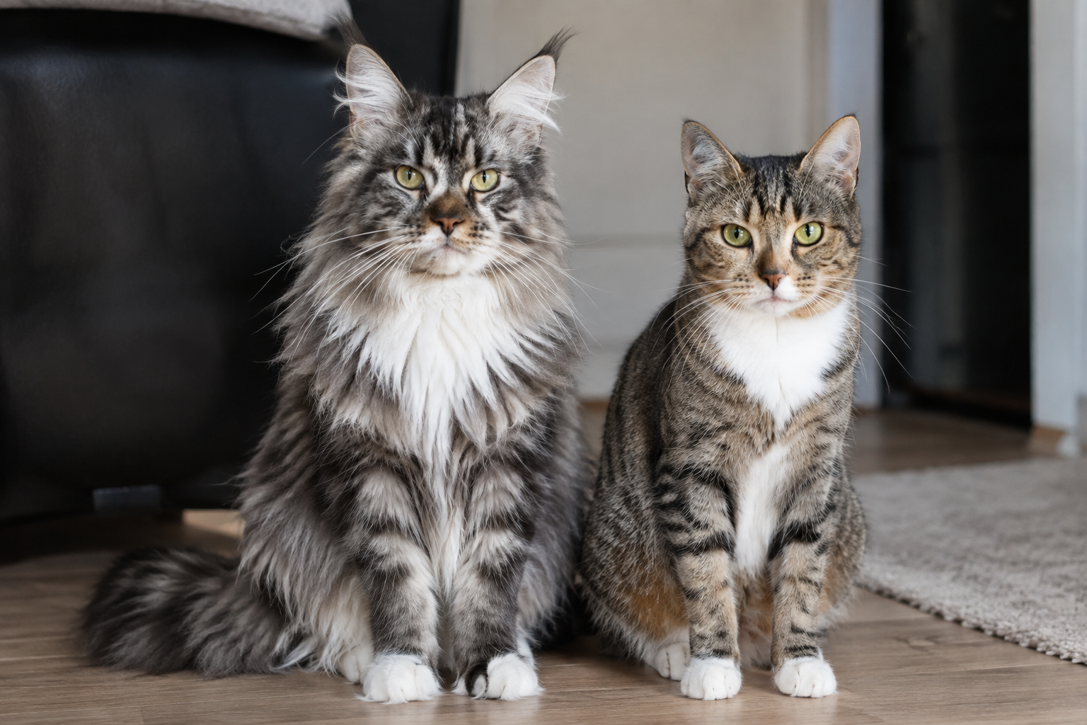 maine coon croisé Maine Coon et chat de gouttière croisés côte à côte
